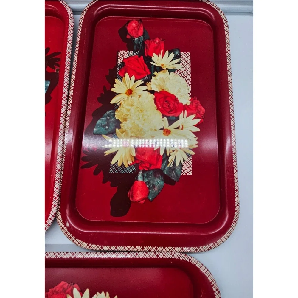 Vintage Red Floral Metal Serving Trays Set of 3 Roses Daisies Retro Kitchen 11.5